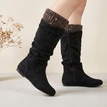 DENGWEISI Black Pleated Side Zipper Flat Round Toe Comfortable Versatile Office Commute Daily Holiday New Fashion Mid-Calf Boots For Women - Black - View 2