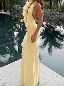 Vestido liso cuello halter escote V ajustado con bordes decorativos elegante estilo europeo - Amarillo - Ver 5