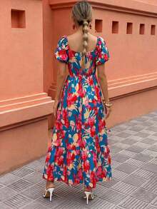 Women's Dress With Petal Sleeve Design, Square Neck And Fitted Waist With Print - 灰色 - 查看 3