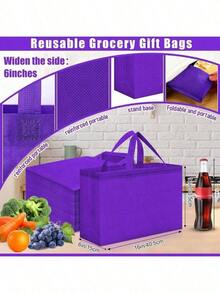 Reusable Grocery Bags Large Non Woven Shopping Bags With Handles Foldable Portable Tote Bulk, 16x6x12 Inch - 16x6x12 Inches + Dark Purple + 50 - View 2