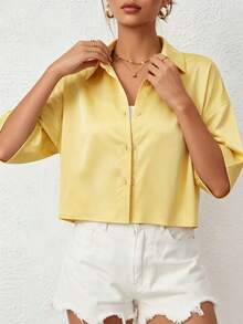 Women's Silky Smooth Short Sleeve Shirt Collar Blouse, Medium Stretch Summer - Yellow - View 5