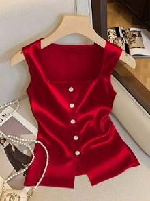 Top casual de tirantes con cuello cuadrado acanalado y abotonado, minimalista para el día a día - Rojo - Ver 1