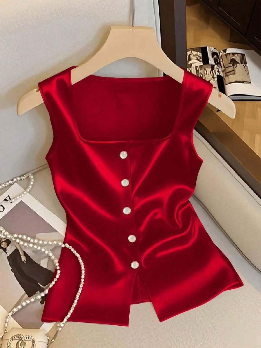 Top casual de tirantes con cuello cuadrado acanalado y abotonado, minimalista para el día a día - Rojo - Ver 1
