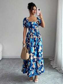 Women's Dress With Petal Sleeve Design, Square Neck And Fitted Waist With Print - 酒紅色 - 查看 4
