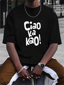 Camiseta de hombre de estilo casual y urbano con diseño de texto "Ciao Ka Kao" para verano y primavera, regalo para amigos amantes de la moda - Negro - Ver 1