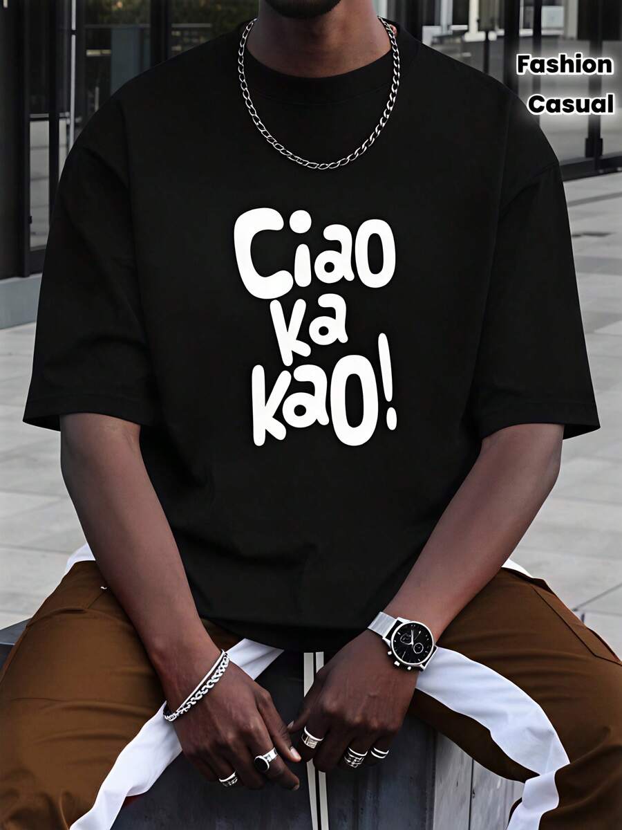 Camiseta de hombre de estilo casual y urbano con diseño de texto "Ciao Ka Kao" para verano y primavera, regalo para amigos amantes de la moda - Negro - Ver 1