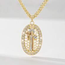 1pc Classic European & American Style Copper Inlaid Zirconia Large Chain Pendant Necklace, Vintage Hip-Hop Colorful St. Benedict Protective Light Limited Edition, Suitable For Christmas/Thanksgiving/Halloween/Mother's Day/Valentine's Day Gifts, Catholic First Communion, Daily & Festival Wear, Prayer - Yellow Gold - View 8