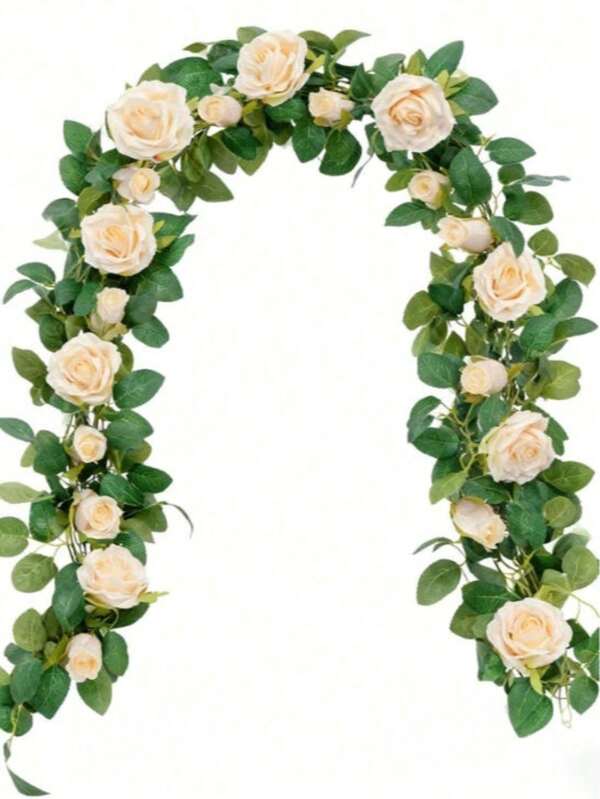 2/1pc 6.5ft Champagne Artificial Rose Vine Garland, Faux Rose Wreath, Suitable For Christmas Decor, Valentine's Day, Mother's Day Gift Decor, Wedding Decor, Cabinet Decor, Indoor Wall Decor, Home Tabletop Decor, Room Decor, Stair Railing Decor