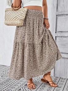 Plus Size Women Ditsy Floral Ruffle Hem Drawstring Waist Casual Midi Skirt, Suitable For Autumn Vacation Summer - Khaki - View 9