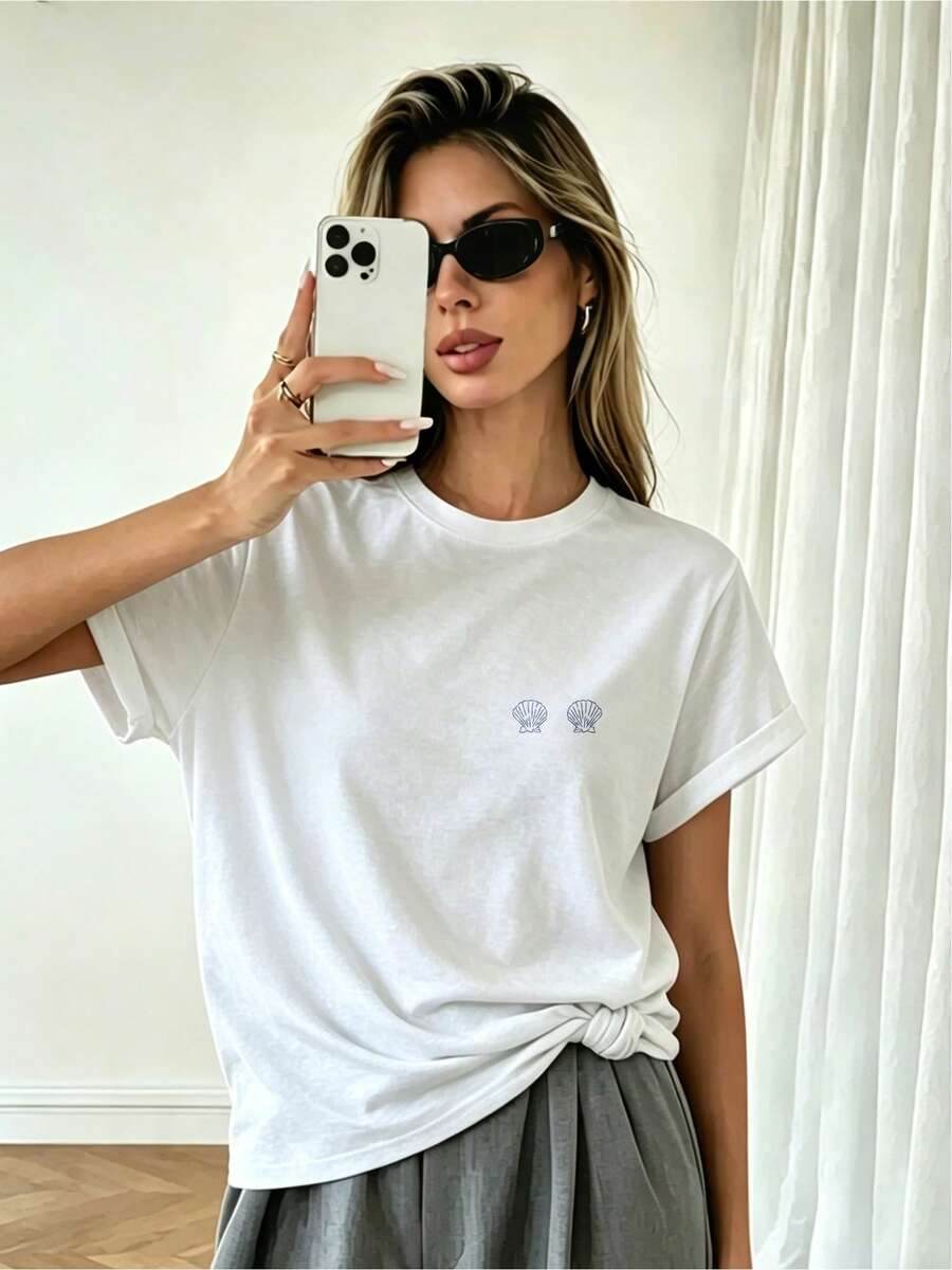Corte clásico cómodo camiseta blanca bordada diseño minimalista estilo fresco perfecto para verano casual moda urbana versátil adolescente mujer talla S-M-L 2023 moda joven - Blanco - Ver 1
