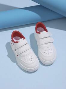 1 Pair Non-Slip Wear-Resistant Breathable Flat Hook And Loop White Sneakers With Distinctive Logo, Suitable For Matching With Skirts - Red and White - View 3