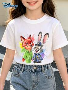 Disney Girls Basic Zootopia Rabbit And Fox Short Sleeved T-Shirt, Breathable And Skin Friendly; Clothes For Teen Girls,Casual Daily Clothing For Teenagers And Students, Teen Girl Clothes, Cute Minnie Children's Pattern T-Shirt, Birthday Gift, Essential T-Shirt For Spring/Summer Girls, Suitable For Daily Leisure, Streetwear, Returning To School Or Vacation; Summer Clothes Perfect Gift - trắng - Xem 1