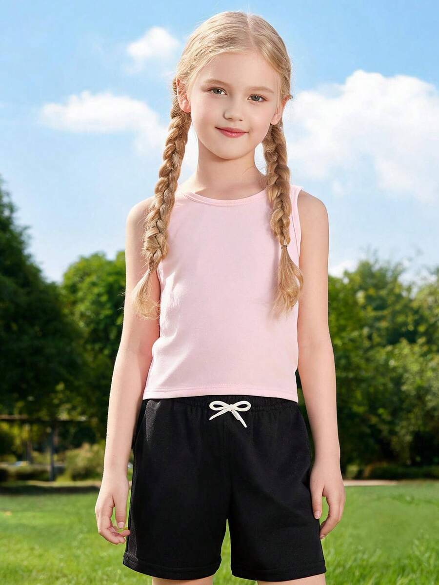 2pcs/Set Girls' Sleeveless Top And Shorts Set, Lightweight Summer Casual Outfit With Decorative Straps, Suitable For Ages 4-12 - Multicolor - View 1