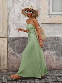 xheBrillora Vestido de moda con textura, plisado, de unicolor y con lazo en el cuello para mujerxhe - Verde - Ver 8