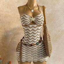 Nana's Women's Clothing Store  Vestido ajustado con tirantes finos, recortes y detalles metálicos con forma de estrella de mar. Vestido con espalda descubierta y atar para vacaciones, citas, tardes de té, festivales de música, estilo bohemio, playa y verano - Azul y blanco - Ver 4