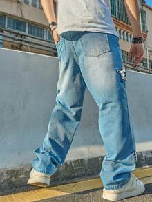 Jeans rectos de pierna ancha con estampado de letras lavados y desgastados para hombres - Azul lavado medio - Ver 3