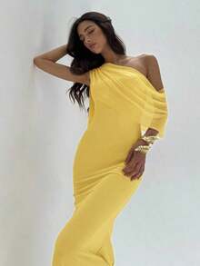 xheAloruh Vestido asimétrico de hombro de unicolor elegante para mujerxhe - Amarillo claro - Ver 7