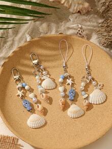 Summer Seashell Keychain Collection, Handmade Ocean Themed Phone Charm With Shell, Fish & Starfish Beads, Ideal Beachy Gift & Bag Decoration - Multicolor - View 1