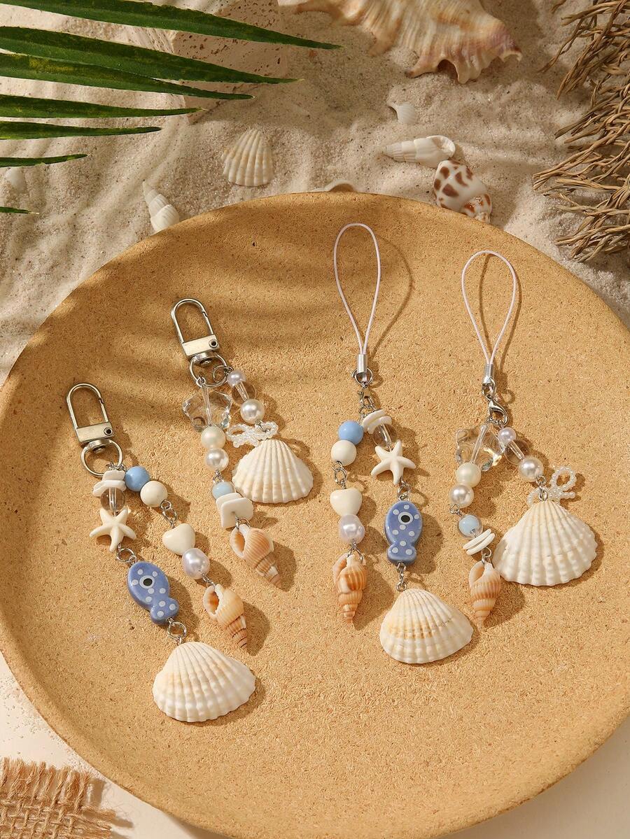 Summer Seashell Keychain Collection, Handmade Ocean Themed Phone Charm With Shell, Fish & Starfish Beads, Ideal Beachy Gift & Bag Decoration - Multicolor - View 1