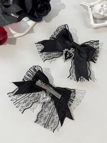 2pcs Gothic Style Lace Ribbon Heart Cross Accessories, Suitable For Holiday Costumes And Daily Wear For Gothic Enthusiasts,Clips For Hair,Claw Clips - Black - View 3