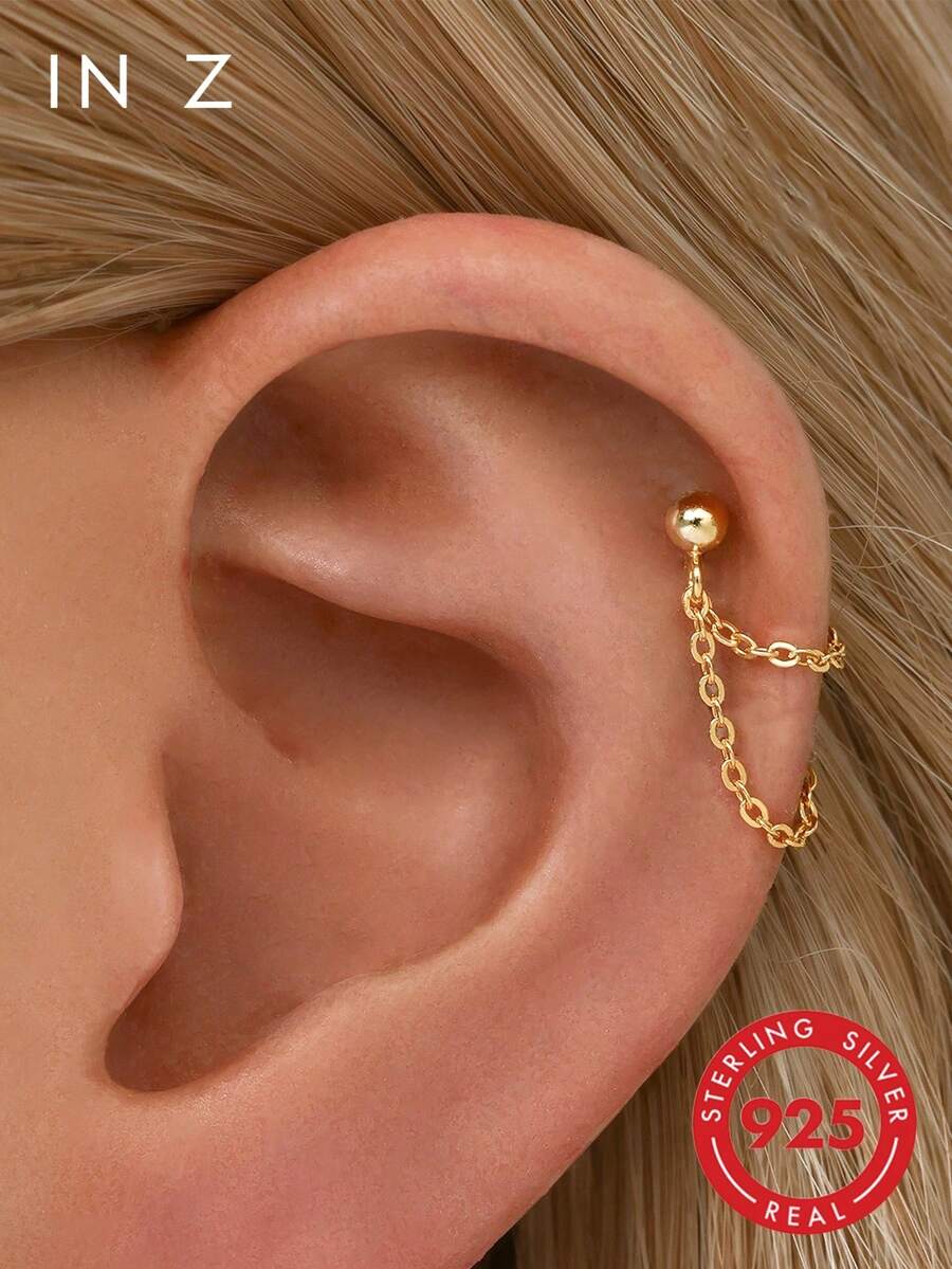 1 đôi bông tai bằng bạc 925 mạ vàng 14k, kiểu dáng tối giản, không gây dị ứng, phù hợp cho nữ giới đeo hàng ngày hoặc dự tiệc (Có hai lựa chọn chiều dài dây: 2.5cm và 3.2cm) - Hoa tai chuỗi đôi hình chữ U - Xem 1
