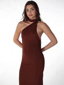 Vestido de fiesta de verano de un solo hombro y espalda descubierta de unicolor y corte sirena para mujer - Marrón - Ver 5