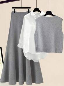 European & American Hot-Selling Style Plus Size Solid Color Floral Knit Vest Set, Elegant Youthful Knit Tank Top & Skirt Set, Minimalist Commuter Outfit Fall - Grey - View 2