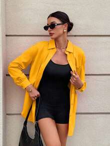 Frenchy Conjunto a juego de 2 piezas de estilo callejero Y2K para mujer: Camisa rosa oversize con botones y mono negro slim - Conjunto de ropa deportiva para viajes en avión, casual de verano y vuelta al cole - Amarillo - Ver 6