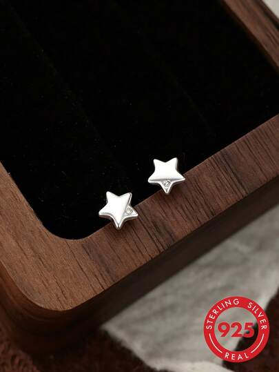 1 paire de boucles d'oreilles à tige étoile en argent sterling mini pour femmes, boucles d'oreilles cristal micro-sertie minimaliste, bijoux en argent en forme d'étoile doux