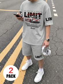 2pcs/Set Teen Boys Casual Set, Racing Theme Print Loose Top + Sports Shorts, Comfortable And Soft, Suitable For Summer And Sports - Grey - View 2