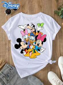 Lady's T-Shirt, Featuring Cartoon Patterns Of Classic Disney Characters Group Including Mickey Mouse, Minnie Mouse, Donald Duck, Daisy Duck, Goofy And Pluto, With Matching Front And Back Prints. The Fabric Is Soft, Comfortable And Durable. This Is A Summer & Autumn Women's Round-Neck T-Shirt, Perfect For Theme Park Trips And Casual Daily Wear. - trắng - Xem 2