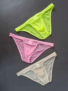 Local Delivery‌ Sheer Mesh Triangle UnderwearSet Of 3 Men'S Solid Color - Apricot + Green + Pink - View 7