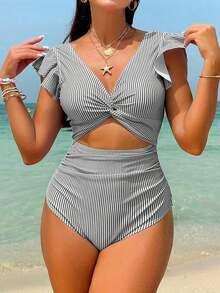 Vcay 1 pieza Traje de baño de una sola pieza con volantes retorcidos y espalda descubierta, casual, para vacaciones, fiestas y playa, para mujer, primavera/verano - Blanco y Negro - Ver 1