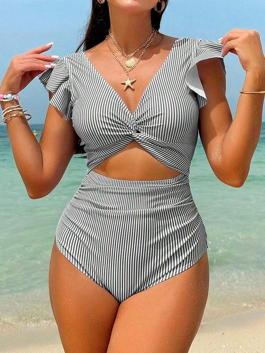 Vcay 1 pieza Traje de baño de una sola pieza con volantes retorcidos y espalda descubierta, casual, para vacaciones, fiestas y playa, para mujer, primavera/verano - Blanco y Negro - Ver 1
