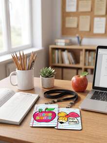 1pc Customized Name Teacher Leather ID Card Holder, Apple & Crayon Themed ID Card Sleeve, Personalized End Of Semester Teacher Gift, Teacher's Day Gift, Back To School, Classroom Decor Lanyard - Multicolor - View 4