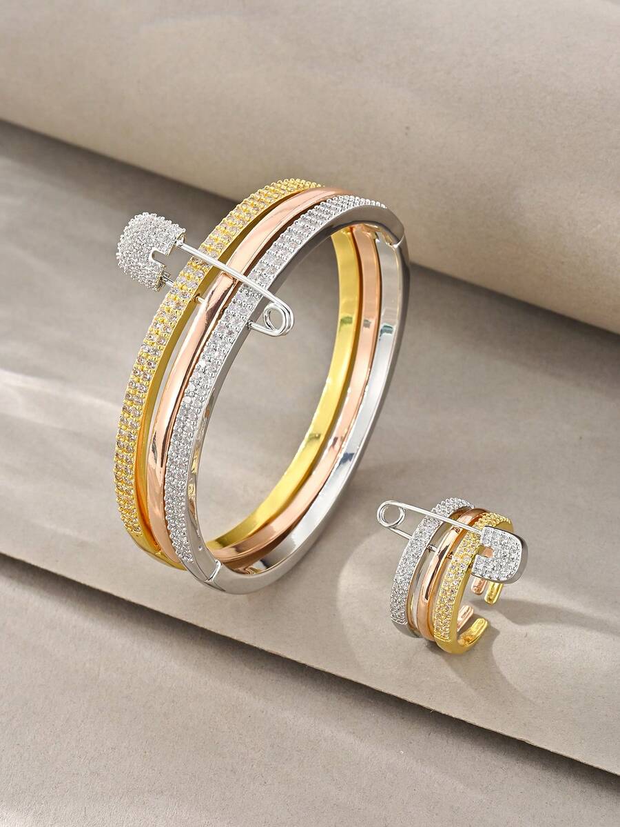Juego de brazaletes de oro, versátil con textura de oro blanco y cobre incrustado de circonita, adecuado para uso diario, reuniones, citas, fiestas, regalos - Dorado - Ver 1