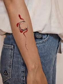 1 Tattoo Sticker With A Red And Black Ink Circular Spirit Snake Vertical Simple Chinese-Style Tattoo Design, Temporary Tattoo Sticker, Washable PVC, Disposable, Waterproof, Sweatproof, For Palms, Arms, Waist, Abdomen, Back, Legs, Non-Reflective, Simulated Tattoo Design, Suitable For Travel, Music Festivals, Gaming, Graduation Gifts, And Daily Use, Lasting 3-5 Days - Multicolor - View 3