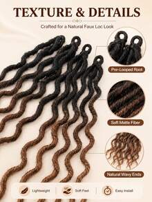 Pre-Looped Locs Crochet Hair, Ombre Faux Locs With Wavy Ends, 18 Strands/Pack Lightweight Synthetic Braiding Hair Extensions For Women, Easy Install - 彩色 - 查看 6