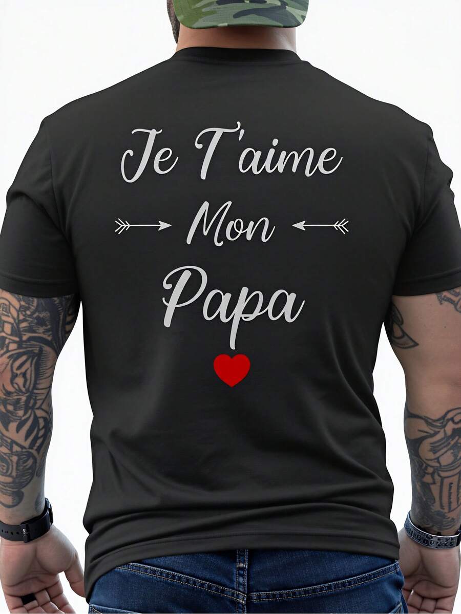 T-shirt da uomo con stampa francese "Ti amo papà" sul retro - "Je T'aime Mon Papa" con simbolo del cuore - Nero con scritte bianche - Vestibilità regular, manica corta, adatta per la Festa del Papà, compleanno, anniversario, regalo dal figlio o dalla figlia - Abbigliamento casual e comodo. - nero - Visualizzare 1