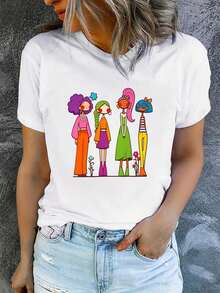 1 Piece Of Women's Summer T-Shirt, Short Sleeve And Printed, Modern And Casual, Machine Washable, Comfortable Fit, 2D Flat Print, 180g, 100% Cotton. - 白色_09 - 查看 9