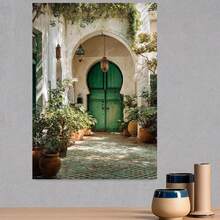 Pintura en lienzo 2D plana sin marco de varios s, arte de patio marroquí _ Decoración de pared de portón verde _ Decoración del hogar mediterránea _ Arco botánico de estilo bohemio _ (2), 2D plano - Enmarcado - Ver 3