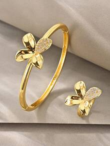 Juego de brazaletes de oro, versátil con textura de oro blanco y cobre incrustado de circonita, adecuado para uso diario, reuniones, citas, fiestas, regalos - Dorado - Ver 1