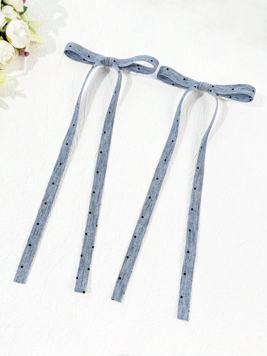 2pcs Minimalist Versatile Bow Knot Long Ribbon Hair Clips,Hair Barrettes,Hair Claws - Blue Spots - View 1