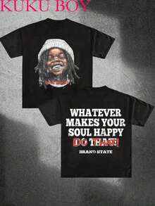 Y2K Style: Do What Makes You Happy, Go For It! Cotton T-Shirt (220g) - Soft, Breathable, 100% Pure Cotton - Summer Urban Style Short Sleeve T-Shirt, Comfortable And Energetic, Cool, Retro Design, For Men's Everyday Wear - 黑色 - 查看 8