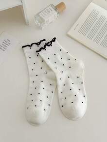1 par/10 pares de calcetines cortos blancos con lunares dulces y borde de volantes, uso en todas las estaciones, ajuste versátil sin apretar, calcetines de algodón casuales para el uso diario, estilo coreano INS con lunares y encaje, estilo básico negro, calcetines cortos suaves para chica en todas las estaciones - Blanco - Ver 2