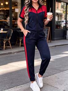 Bộ đồ công sở nữ thường ngày, áo hoodie tay ngắn phối màu tương phản thoải mái, rộng rãi kết hợp quần ống đứng kẻ sọc phối màu tương phản, bộ 2 mảnh, hàng mới về mùa xuân/hè, áo hoodie tay ngắn phối màu tương phản đa năng với quần ống đứng cạp cao rộng rãi, thanh lịch - Xanh hải quân + đỏ - Xem 1