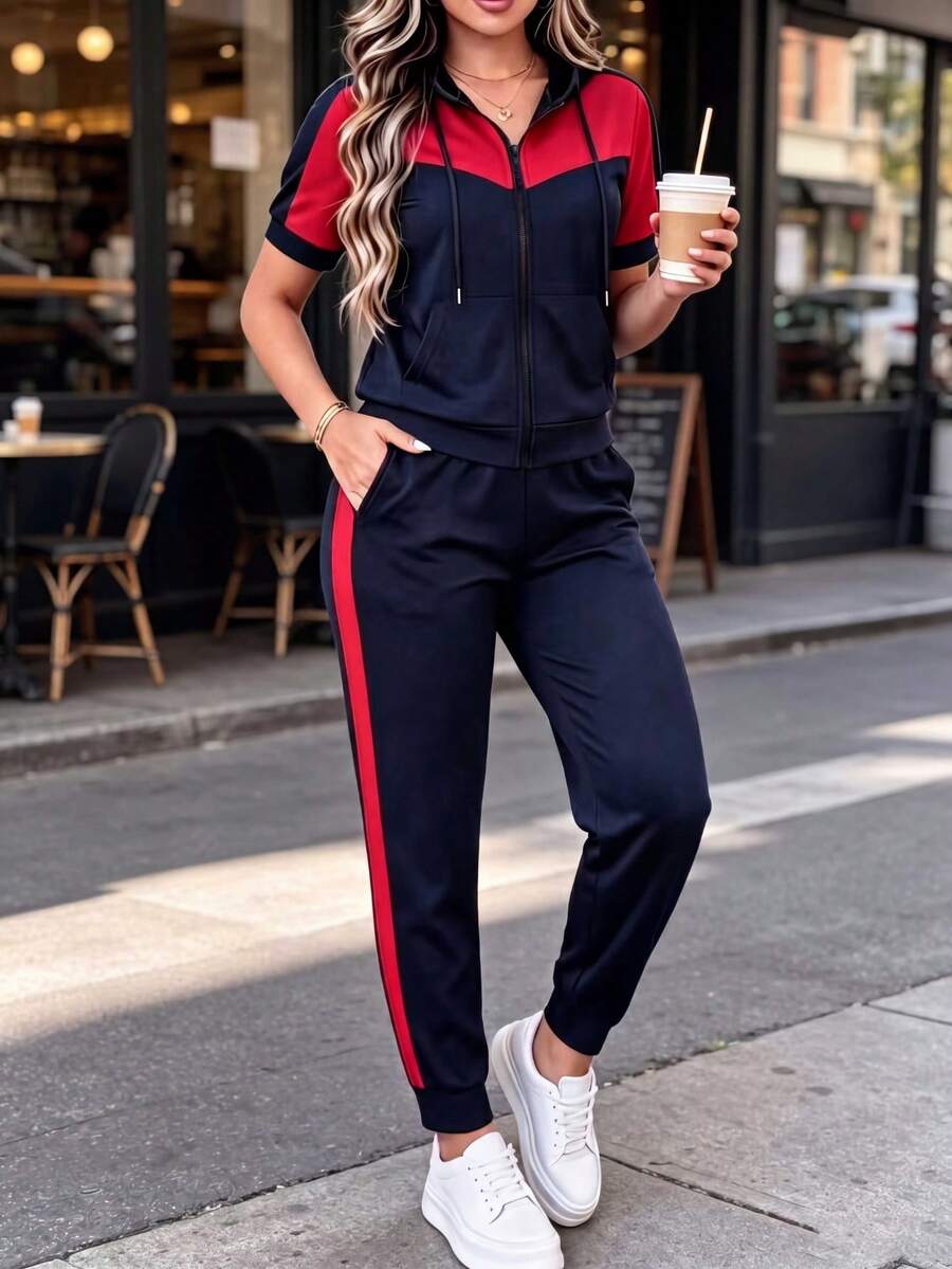 Bộ đồ công sở nữ thường ngày, áo hoodie tay ngắn phối màu tương phản thoải mái, rộng rãi kết hợp quần ống đứng kẻ sọc phối màu tương phản, bộ 2 mảnh, hàng mới về mùa xuân/hè, áo hoodie tay ngắn phối màu tương phản đa năng với quần ống đứng cạp cao rộng rãi, thanh lịch - Xanh hải quân + đỏ - Xem 1