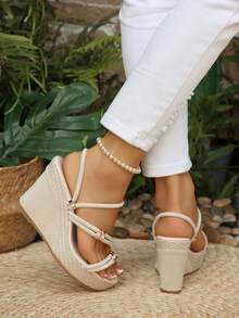 Women's Rhinestone Decor Wedge Sandals, Woven Trim Open Toe Slip-On Wedge Sandals, Summer Slide Wedge Sandals Suitable For Vacation - Beige - View 5