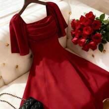 Nana's Women's Clothing Store  Nuevo vestido elegante con cuello cuadrado, frente plisado, espalda descubierta y cintura ceñida de gasa para mujeres - Burdeos - Ver 5