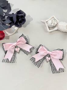 2pcs Gothic Lolita Style Lace Heart Accessory Ribbon Hair Clips, Suitable For Holiday Outfits, Daily Wear For Gothic Fashion Enthusiasts,Hair Slide,Claw Clips - Pink - View 1
